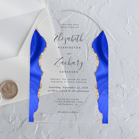 Invitations En Acrylique Arc Mariage moderne Royal Blue Gold Agate