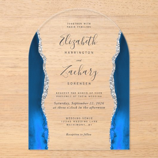 Invitations En Acrylique Arc Mariage moderne Royal Blue Silver Agate (Recto)