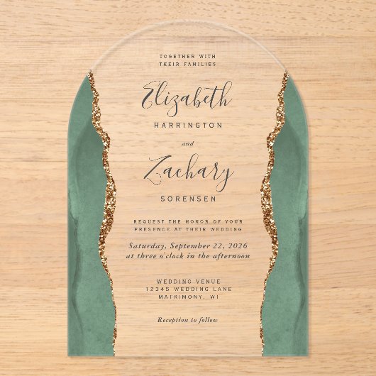 Invitations En Acrylique Arc Mariage moderne Sage Green Gold Agate (Recto)