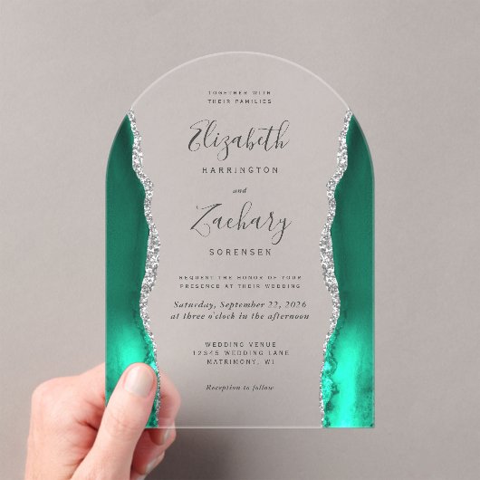 Invitations En Acrylique Arc Mariage moderne Seafoam Green Silver Agate (In situ (ordinateur de poche))