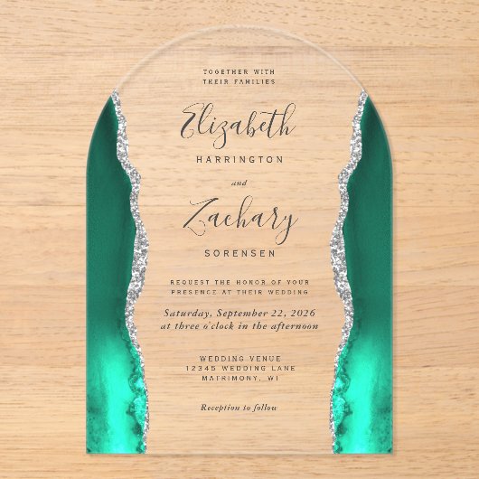 Invitations En Acrylique Arc Mariage moderne Seafoam Green Silver Agate (Recto)