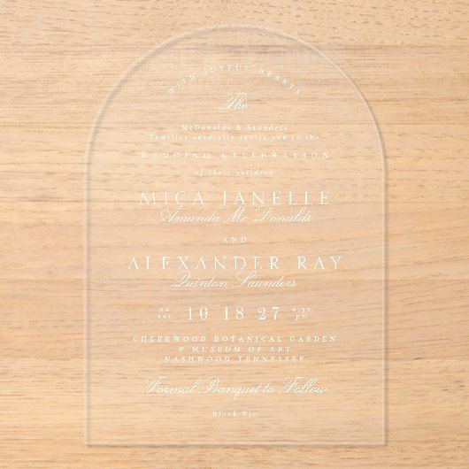 Invitations En Acrylique Arc Mariage officiel blanc élégant (Recto)