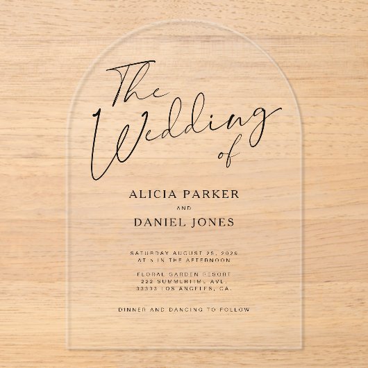 Invitations En Acrylique Arc moderne noir calligraphie script mariage (Recto)