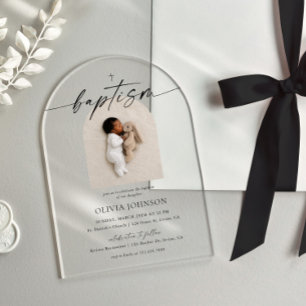 Invitations En Acrylique Arc photo minimaliste pour baptême et christening