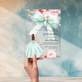 Invitations En Acrylique Arc rose vif floral sage vert robe Quinceanera