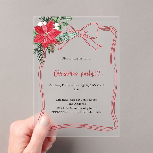 Invitations En Acrylique Arc rouge poinsettia fête de Noël gelé (In situ (ordinateur de poche))
