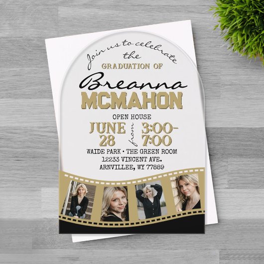 Invitations En Acrylique Arch Graduation Photo Filmstrip Noir & Or