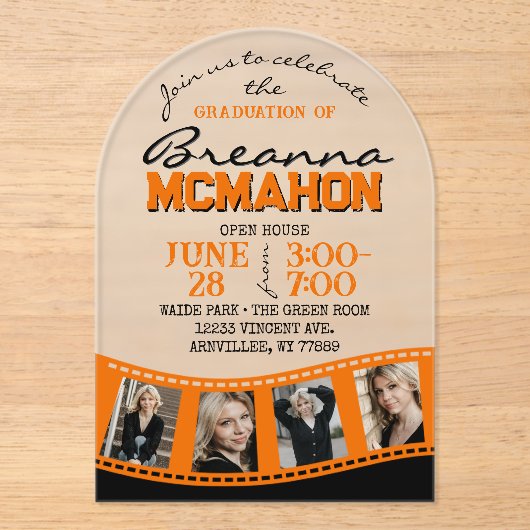Invitations En Acrylique Arch Graduation Photo Filmstrip Orange Frosted (Recto)