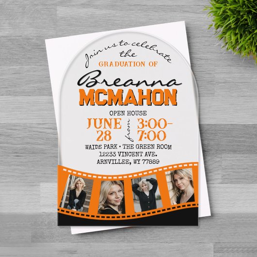 Invitations En Acrylique Arch Graduation Photo Filmstrip Orange Frosted