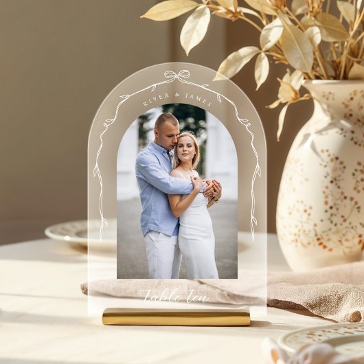 Invitations En Acrylique Arch Photo Chic Bow & Ribbon Mariage Numéro de tab