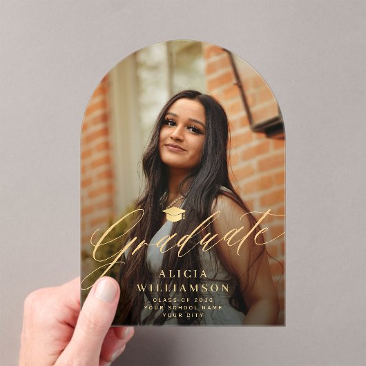 Invitations En Acrylique Arch photo gold script graduation announcement (In situ (ordinateur de poche))
