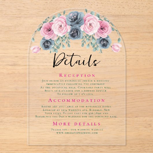 Invitations En Acrylique Arch Pink and Blue Blooms Détails du Mariage (Recto)