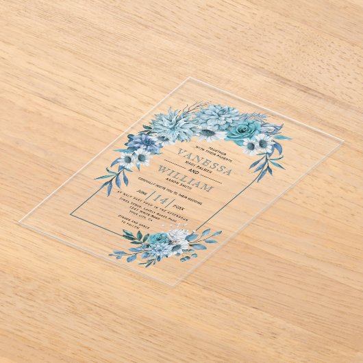 Invitations En Acrylique Arche avec fleurs bleues turquoises et mariage feu (Poser)