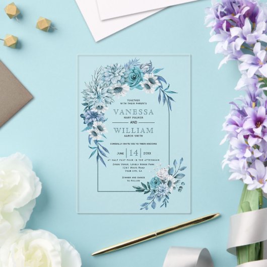 Invitations En Acrylique Arche avec fleurs bleues turquoises et mariage feu (Insitu (Mariage))