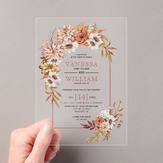 Invitations En Acrylique Arche avec fleurs d'automne et mariage de automne (In situ (ordinateur de poche))