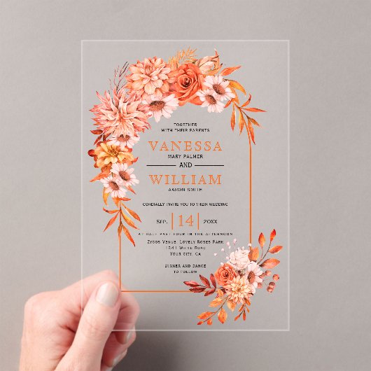 Invitations En Acrylique Arche avec fleurs orangées mariage de automne fleu (In situ (ordinateur de poche))