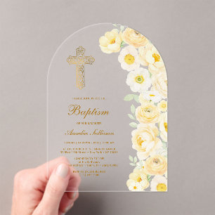 Invitations En Acrylique Arche de fleurs jaunes baptême