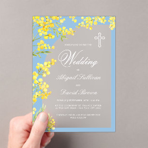 Invitations En Acrylique Arche de fleurs jaunes sur mariage religieux bleu