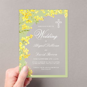 Invitations En Acrylique Arche de fleurs jaunes sur mariage religieux vert