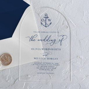 Invitations En Acrylique Arche de mariage à monogramme d'ancre nautique