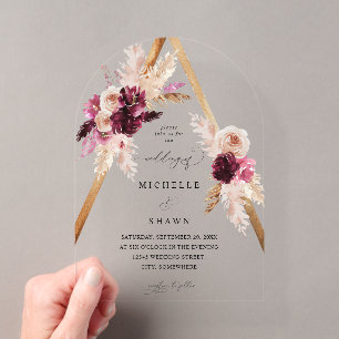 Invitations En Acrylique Arche de mariage florale en pampas avec cadre Boho