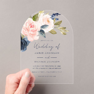 Invitations En Acrylique Arche de mariage florale Navy Blush   