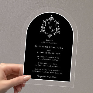 Invitations En Acrylique Arche de monogramme de blason de mariage noir