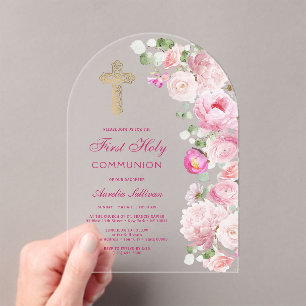 Invitations En Acrylique Arche de pivoines roses pour la première communion
