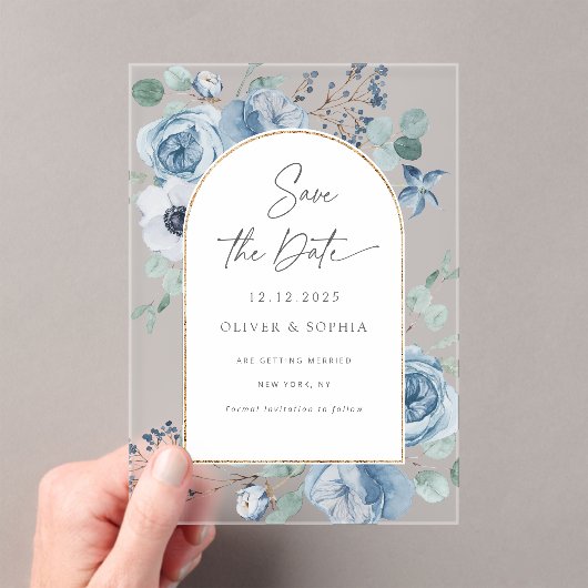 Invitations En Acrylique Arche dorée fleurie bleu Dusty Enregistrer la date (In situ (ordinateur de poche))