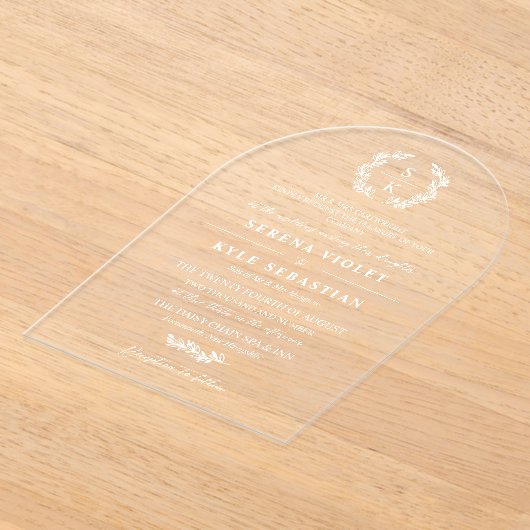 Invitations En Acrylique Arche en blanc Typographie couronne Monogramme Mar (Poser)