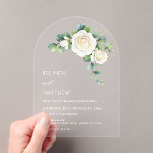 Invitations En Acrylique Arche floral de roses blanches transparent