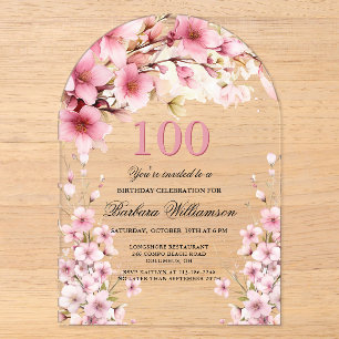 Invitations En Acrylique Arche Florale Rose Élégance Fête des 100 ans