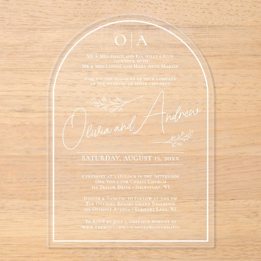 Invitations En Acrylique Arche Mariage botanique simple et élégante (Recto)