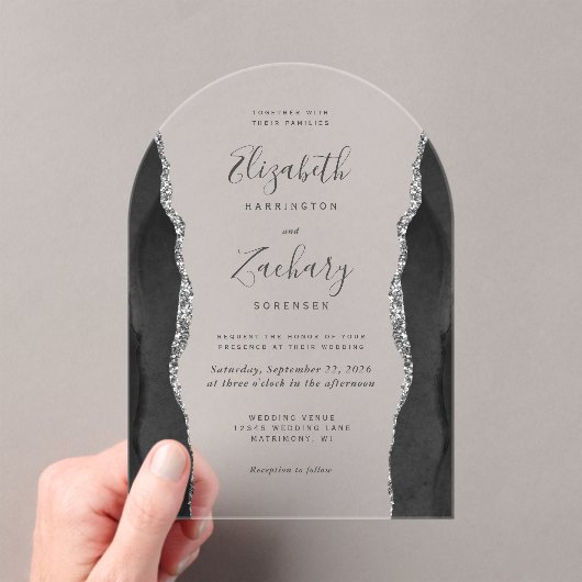 Invitations En Acrylique Arche Mariage moderne en argent noir (In situ (ordinateur de poche))