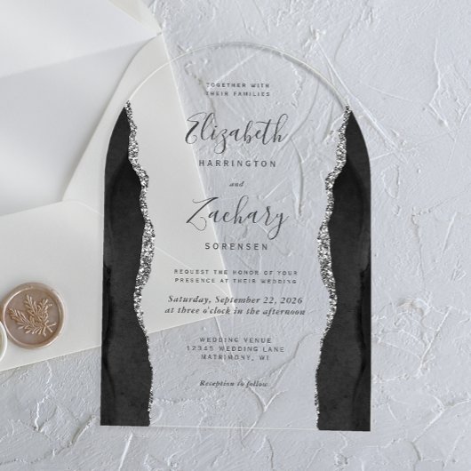 Invitations En Acrylique Arche Mariage moderne en argent noir