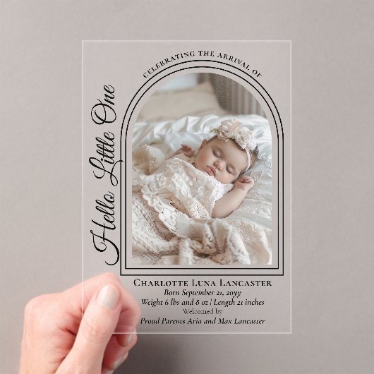 Invitations En Acrylique Arched Photo Elegant Script Birth Announcement (In situ (ordinateur de poche))