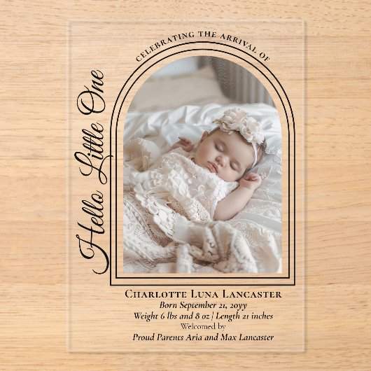 Invitations En Acrylique Arched Photo Elegant Script Birth Announcement (Recto)