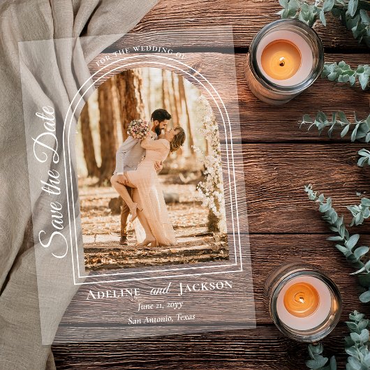 Invitations En Acrylique Arched Photo Elegant Script Save the Date