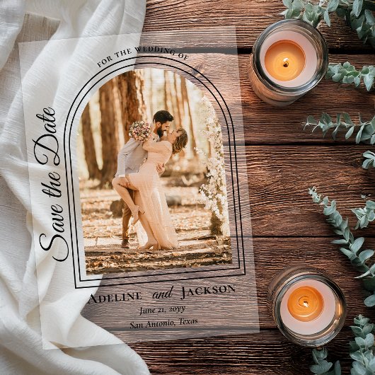 Invitations En Acrylique Arched Photo Elegant Script Save the Date