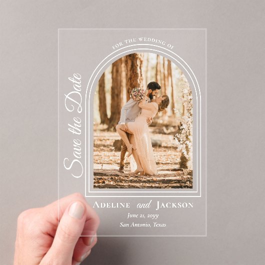 Invitations En Acrylique Arched Photo Elegant Script Save the Date (In situ (ordinateur de poche))