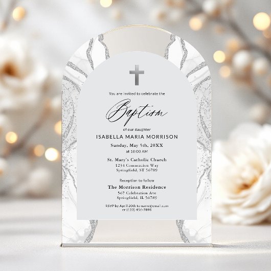 Invitations En Acrylique Argent Blanc Agate Baptême Moderne Élégant