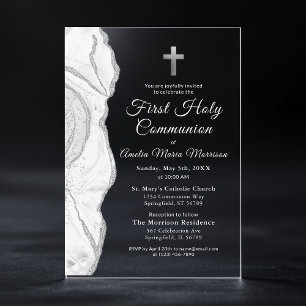 Invitations En Acrylique Argent gris blanc Agate Première Sainte Communion 