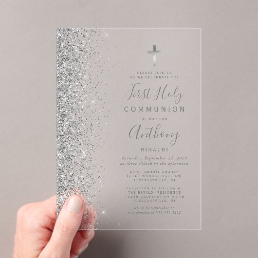 Invitations En Acrylique Argent Parties scintillant Edge Première communion (In situ (ordinateur de poche))