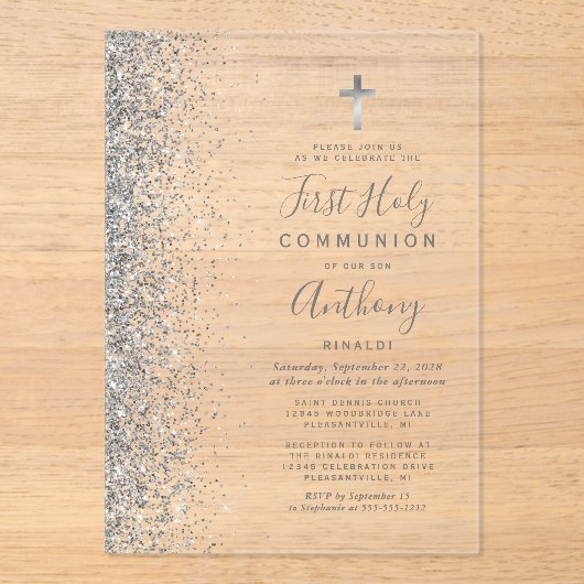 Invitations En Acrylique Argent Parties scintillant Edge Première communion (Recto)