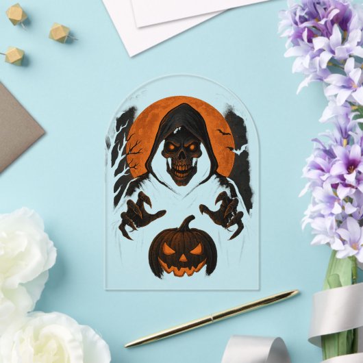 Invitations En Acrylique Assistant Halloween effrayant - Crâne à capuchon D (Insitu (Mariage))