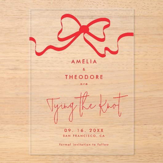 Invitations En Acrylique Attacher le noeud rouge Bow Enregistrer le Mariage (Recto)