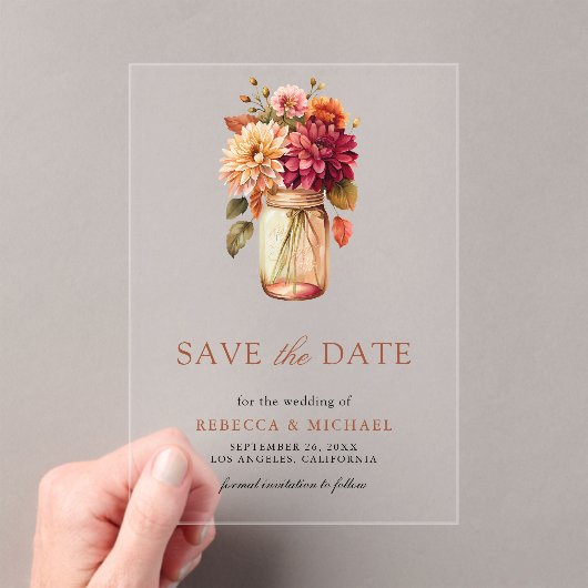 Invitations En Acrylique Automne Dahlia Mason Jar Mariage Enregistrer la da (In situ (ordinateur de poche))