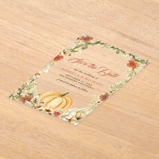 Invitations En Acrylique Automne Earthy Floral Citrouille mariage Enregistr (Poser)