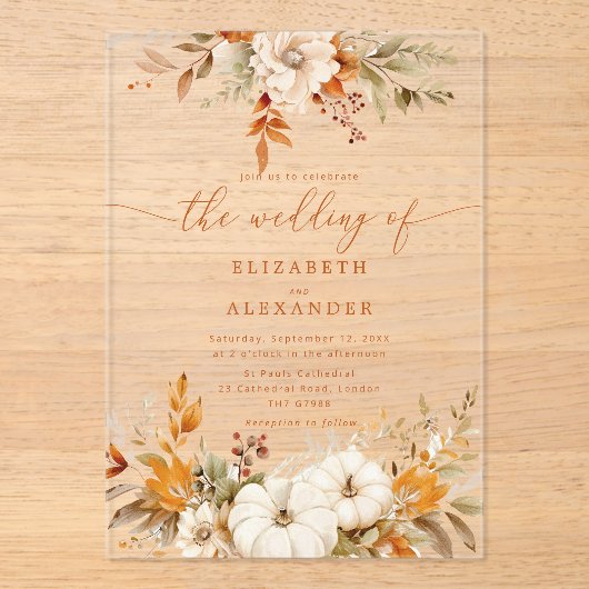 Invitations En Acrylique Automne terre cuite fleurie mariage élégant (Recto)