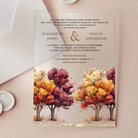 Invitations En Acrylique Autumn Fall Burgundy Trees Wedding